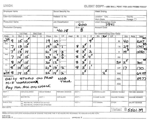 Sample Timecards - Entertainment Payroll - Media Services